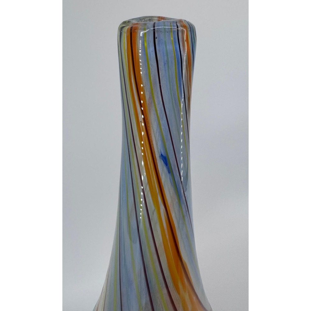 Murano Style Art Glass Vase Swirl Blue Orange Yellow Brown Hand Blown Tall Decor - Picture 3 of 11